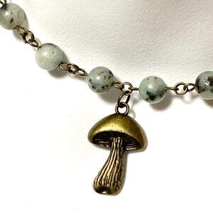 Genuine Light Teal Kiwi Jasper Short Necklace, Gemstone & Bronze Slim Mushroom